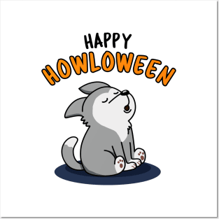 Happy Howloween Cute Halloween Wolf Pun Posters and Art